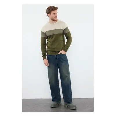 Trendyol Khaki Slim Crew Neck Color Blocked Knitwear Sweater