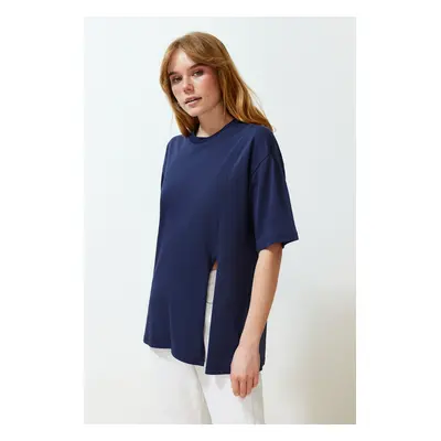 Trendyol Navy Blue 100% Supreme Slit Oversize/Wide Mold Asymmetrical Knitted T-Shirt