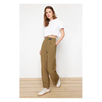 Trendyol Light Khaki Wide Leg Label Detail Woven Trousers