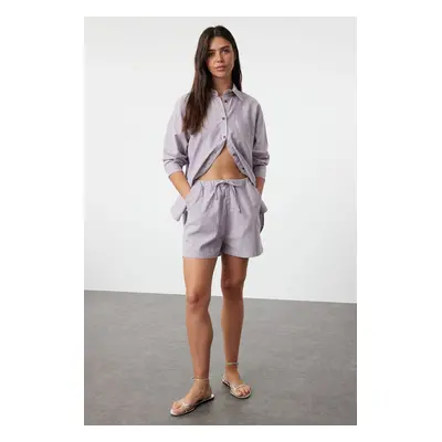 Trendyol Lilac Linen Blend Striped Shorts with Elastic Waist & Bermuda