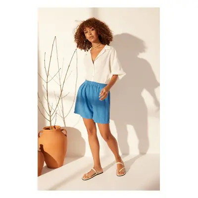 Trendyol Blue &100 Linen Elastic Waist High Waist Shorts