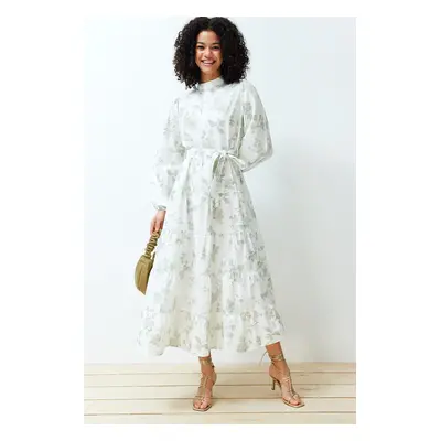 Trendyol Ecru High Collar Floral Belted Poplin Woven Dress