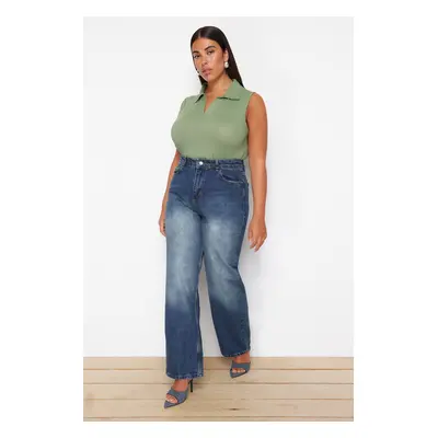 Trendyol Curve Blue High Waist Wide Leg Denim Trousers