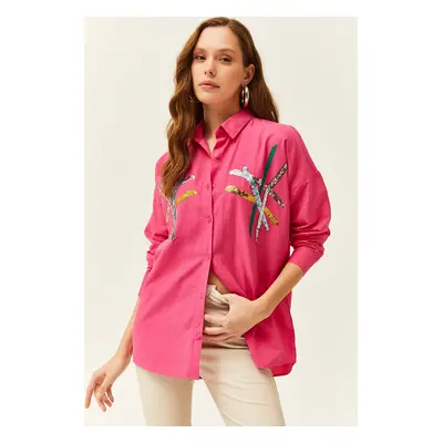 Olalook Women's Fuchsia Color Sequin Stick Woven Shirt