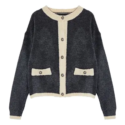 Trendyol Anthracite Boucle Yarn Color Block Jacket-Look Knitwear Cardigan