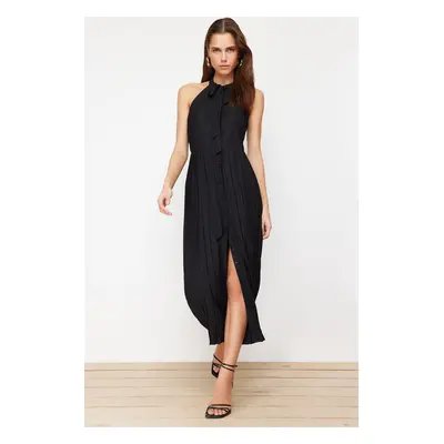 Trendyol Black Skirt Pleated Neck Scarf Detailed Midi Woven Dress