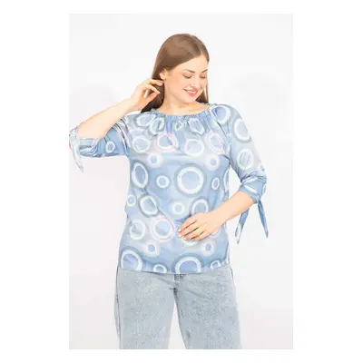 Şans Women's Blue Plus Size blouse with an elasticated collar and tie-down sleeves.