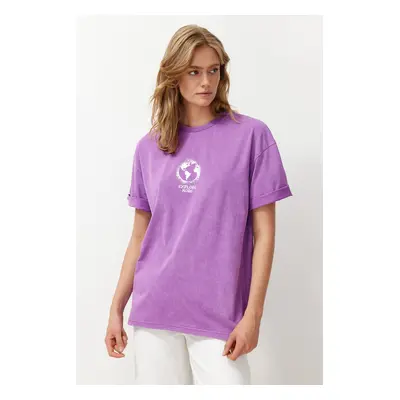 Trendyol Purple 100% Cotton Printed Washed Oversize/Wide Fit Crew Neck Knitted T-Shirt