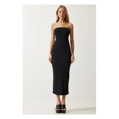 Happiness İstanbul Women's Black Strapless Slit Saran Knitted Dress