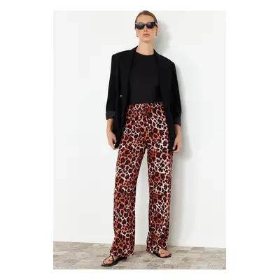 Trendyol Brown Elastic Waist Wide Leg/Wide Leg Leopard Print Woven Pants