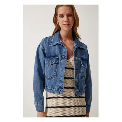 Happiness İstanbul Women's Blue Pocket Jean Jacket