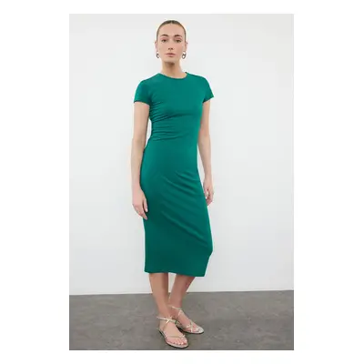 Trendyol Emerald Green Short Sleeve Fitted Cotton Stretchy Midi Knitted Dress