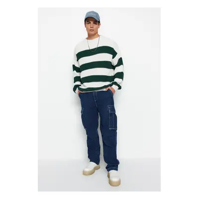 Trendyol Dark Green Oversize Fit Wide Fit Crew Neck Striped Knitwear Sweater