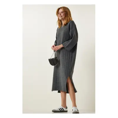 Happiness İstanbul Women's Dark Gray Polo Neck Oversize Knitwear Dress