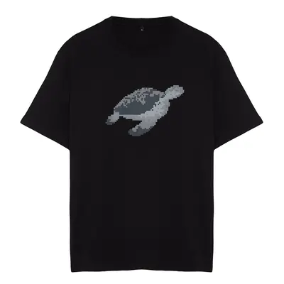 Trendyol Black Oversize/Wide Cut More Sustainable Animal Print 100% Organic Cotton T-shirt