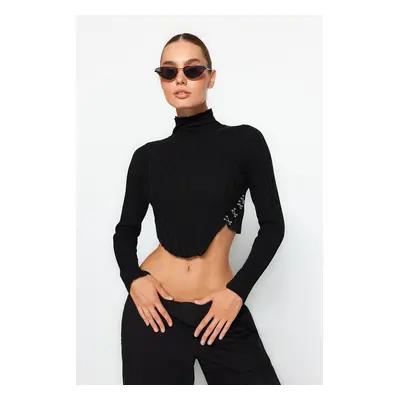 Trendyol Black Super Crop magas nyakú kötöttáru pulóver