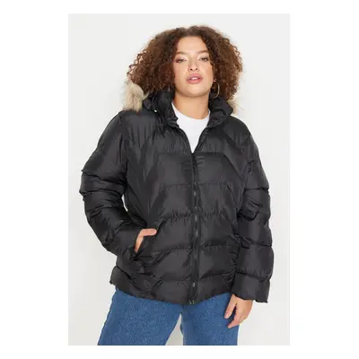 Trendyol Curve Black Regular Fit Hooded Fur Detailed Puffer Coat