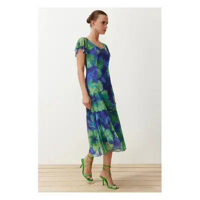 Trendyol Blue Floral Square Neck Midi A-Line/A-Line Knitted Midi Dress