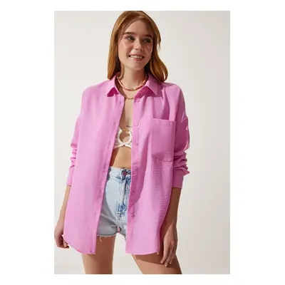 Happiness İstanbul Women's Light Pink Oversize Linen Ayrobin Shirt