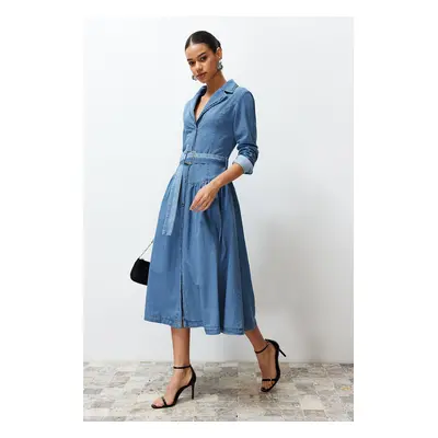 Trendyol Light Blue Belted Maxi Denim Dress