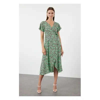 Trendyol Green Floral Double Breasted Neck Viscose Woven Dress