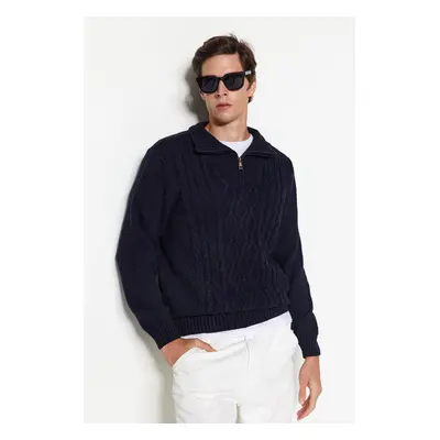 Trendyol Navy Blue Regular Fit Zippered Half Turtleneck Knitwear Sweater