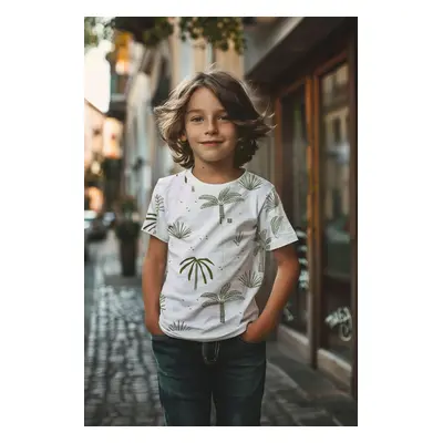 Trendyol White Boy Palm Patterned Short Sleeve Cotton Knitted T-Shirt