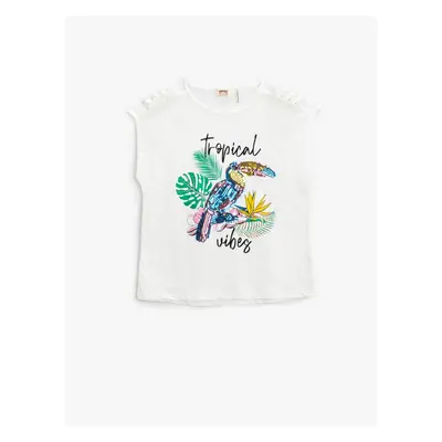 Koton Parrot Stamp Sequin Embroidered T-Shirt Window Detail Sleeveless