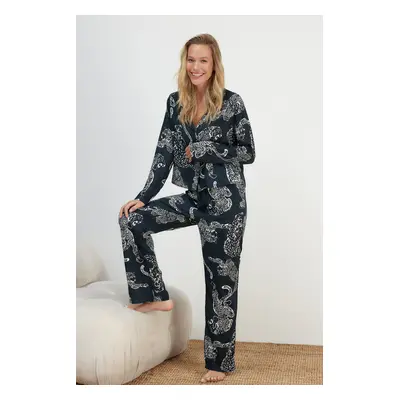 Trendyol Anthracite Animal Patterned Viscose Woven Pajama Set