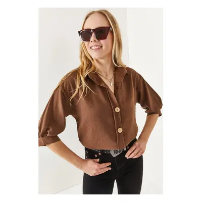 Olalook Women's Bitter Brown Wooden Buttoned Three Quarter Sleeve Linen Shirt