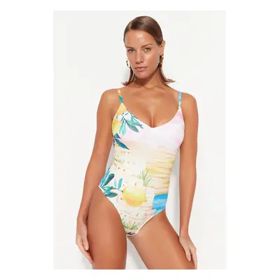 Trendyol Scenery Patterned V-Neck Regular Leg Swimsuit