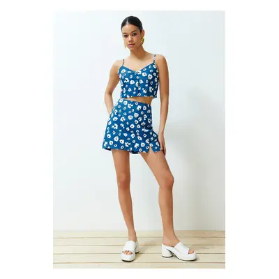 Trendyol Blue Floral Pattern Woven Short Skirt