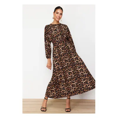 Trendyol Brown Leopard Patterned Belt Detailed Crinkle Woven Dress