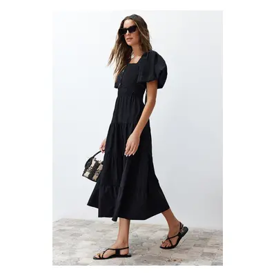 Trendyol Black Waist Opening Gipe and Back Detailed Square Collar Maxi Woven Dress