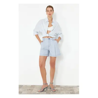 Trendyol Light Blue 100% Tencel™ Pleated High Waist Denim Shorts