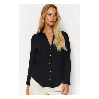 Trendyol Black Oversize Wide Fit Muslin Fabric Woven Shirt