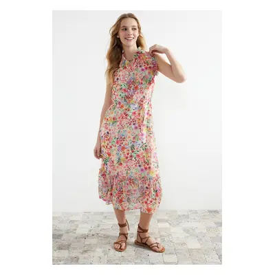 Trendyol Pink Floral Print A-Cut Midi Lined Chiffon Woven Dress