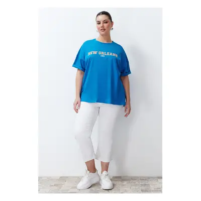 Trendyol Curve Blue Printed Oversize Knitted T-shirt