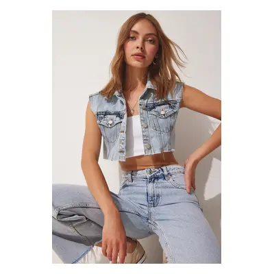 Happiness İstanbul Women's Ice Blue Crop Denim Vest