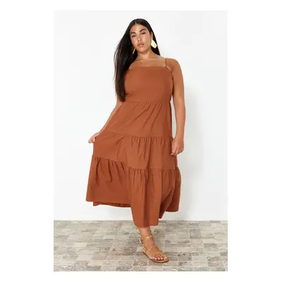 Trendyol Curve Brown Relaxed Adjustable Strap Long Woven Plus Size Dress