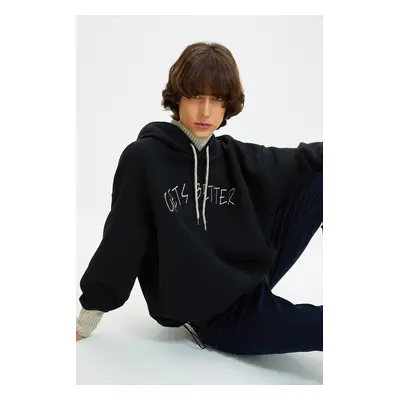 Trendyol Black Thick Fleece Knitwear Tape Detail Hooded Knitted Sweatshirt