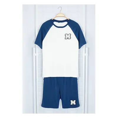 Trendyol Indigo Ecru Embroidered Raglan Sleeve Knitted Pajama Set with Shorts