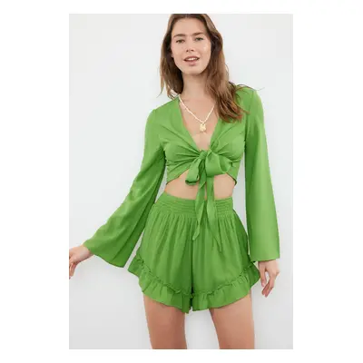 Trendyol Green Woven Ruffle Blouse Shorts Set