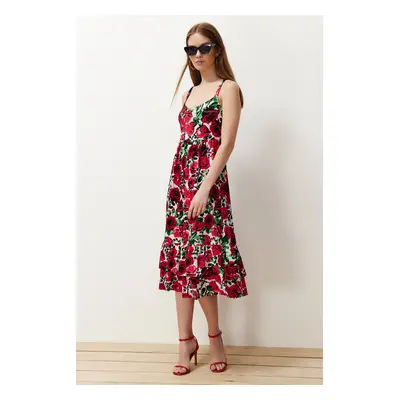 Trendyol Red Floral Strap Skater/Ribbed Flexible Knitted Midi Dress