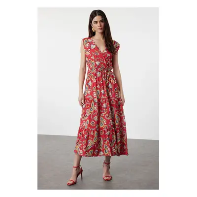 Trendyol Red Ethnic A-Line Double Breasted Neck Viscose Woven Dress