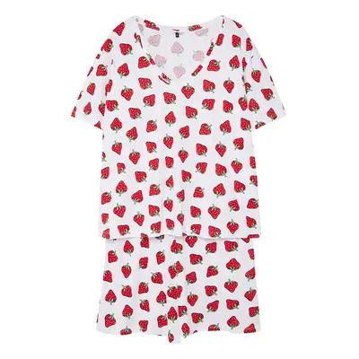 Trendyol Curve White Strawberry Patterned V-Neck Knitted Pajama Set