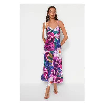 Trendyol Multicolored Flower Print Straight Cut Strap Midi Satin Woven Dress