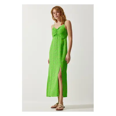 Happiness İstanbul Women's Peanut Green Strappy Patterned Viscose Dress