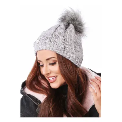 Winter hat with pompom, light gray with rose