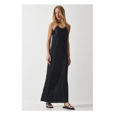 Happiness İstanbul Women's Black Strappy Summer Pleated Dress